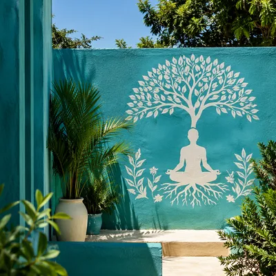 Peaceful Meditation Mural in Tropical Courtyard