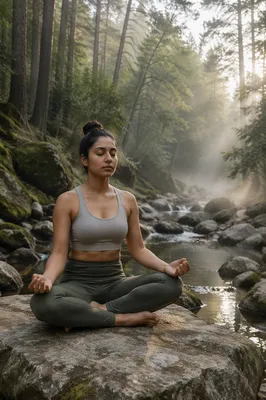 Woman Meditating Beside Misty Forest Stream