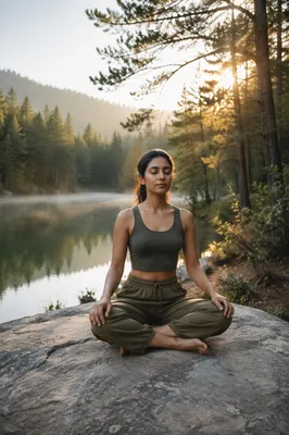Young Woman Meditating by Forest Lake