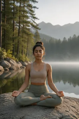 Young Woman Meditating by Forest Lake