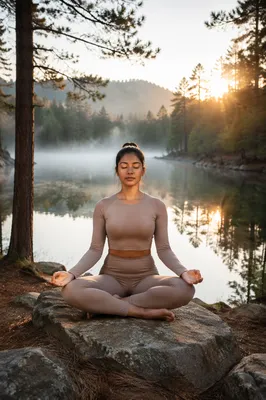 Young Woman Meditating by Forest Lake