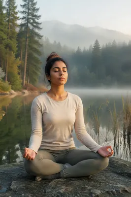 Woman Meditating by Misty Forest Lake