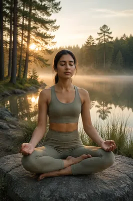Woman Meditating by Forest Lake at Dawn