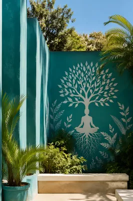 Peaceful Meditation Mural in Turquoise Courtyard