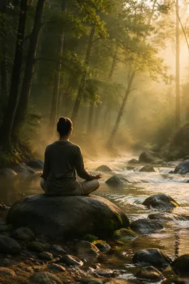 Peaceful Meditation Beside Misty Forest Stream
