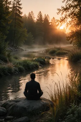 Peaceful Dawn Meditation by Forest Stream