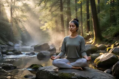Woman Meditating by Forest Stream at Dawn