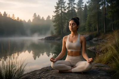 Woman Meditating by Forest Lake at Dawn