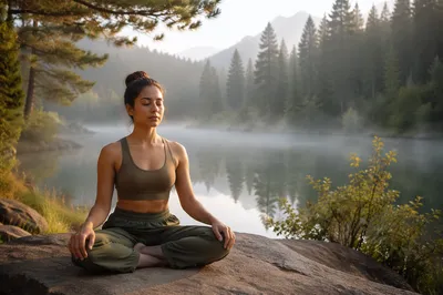 Woman Meditating by Misty Forest Lake