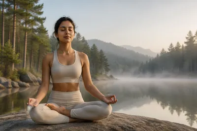 Woman Meditating by Forest Lake at Dawn