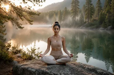 Woman Meditating by Forest Lake at Dawn
