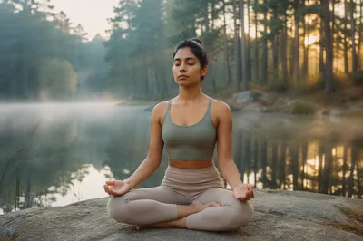 Woman Meditating by Forest Lake at Dawn