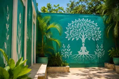 Peaceful Meditation Mural in Turquoise Garden