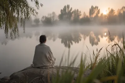 Peaceful Dawn Meditation by Misty River