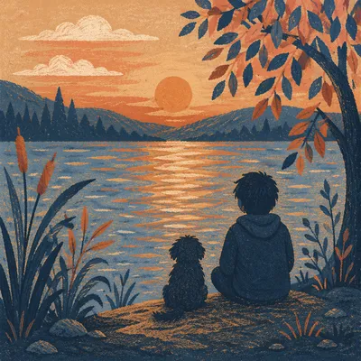 Contemplative Silhouette by Golden Lakeside Sunset