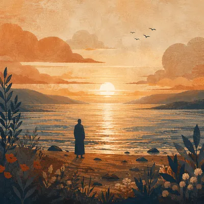 Solitary Silhouette at Dramatic Sunset Shoreline