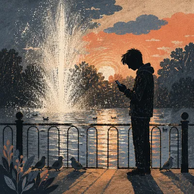 Solitary Silhouette by Sunset Fountain