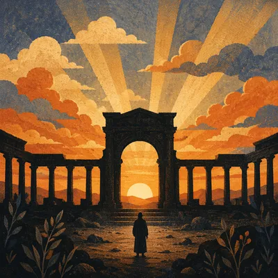 Silhouetted Figure Before Sunset Colonnade