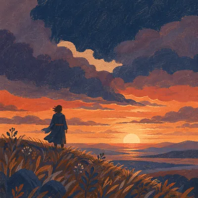 Lone Silhouette on Hill at Sunset