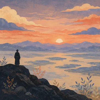 Lone Silhouette Praying Over Sunset Valley