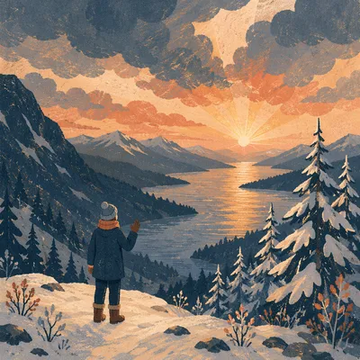 Solitary Silhouette Over Snowy Sunset Valley