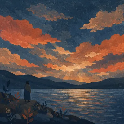 Silhouetted Prayer by Dramatic Sunset Lake
