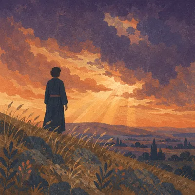 Silhouetted Figure Praying Beneath Stormy Sunset