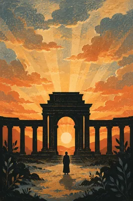 Silhouetted Person Before Sunset Colonnade