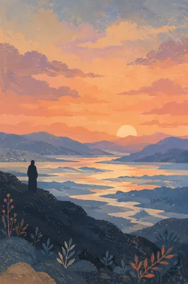 Silhouette Praying Over Sunset Mountain Valley