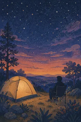Solitary Camper Silhouette Under Twilight Stars