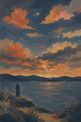 Silhouetted Prayer by Dramatic Sunset Lake
