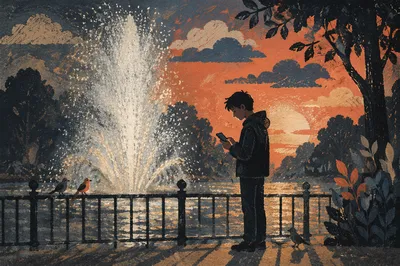 Solitary Silhouette by Sunset Fountain