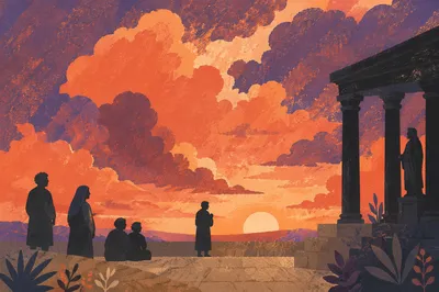 Silhouettes Praying Beneath Dramatic Sunset Clouds