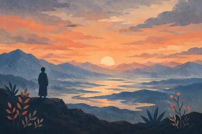 Contemplative Silhouette Over Sunset Mountain Valley