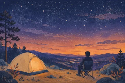 Solitary Camper Silhouette Under Twilight Stars