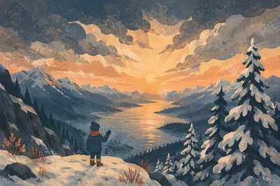 Solitary Silhouette at Snowy Mountain Sunset