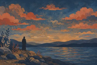 Silhouetted Prayer by Dramatic Sunset Lake