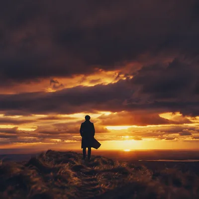 Lone Silhouette on Hill at Sunset