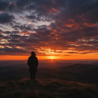 Lone Silhouette on Dramatic Sunset Ridge