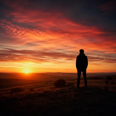 Solitary Silhouette on Hill at Sunset