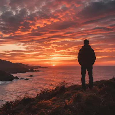 Solitary Silhouette on Coastal Bluff at Sunset