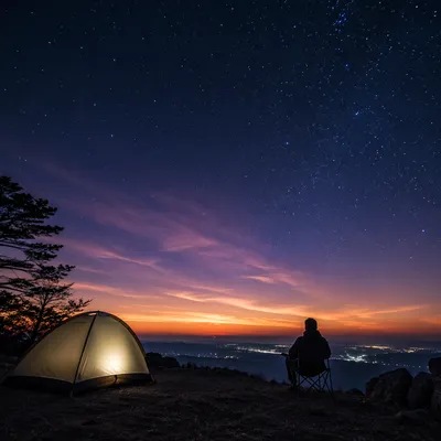 Solitary Camper Silhouette Under Twilight Stars