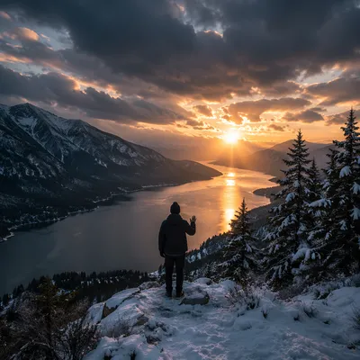 Solitary Silhouette at Snowy Sunset Overlook
