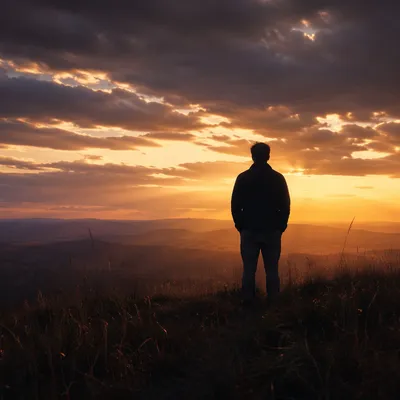Silhouetted Figure Praying at Dramatic Sunset