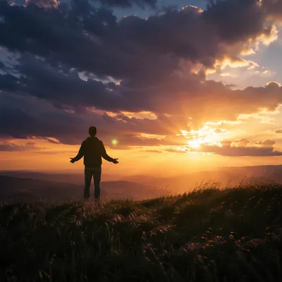 Silhouette in Prayer at Dramatic Sunset