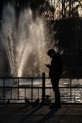 Solitary Silhouette by Sunset Fountain
