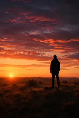 Solitary Silhouette on Hill at Sunset