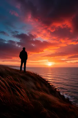 Solitary Silhouette on Coastal Bluff at Sunset