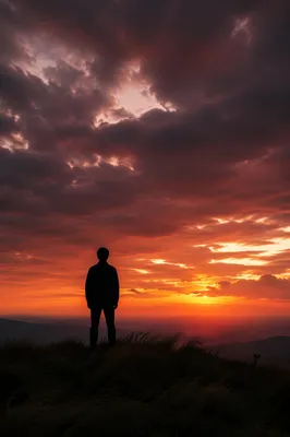 Solitary Silhouette on Grassy Ridge at Sunset