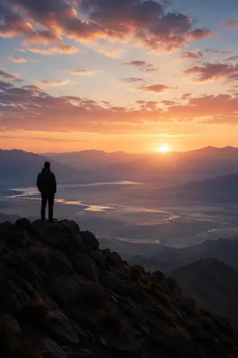 Solitary Silhouette Praying Over Sunset Valley